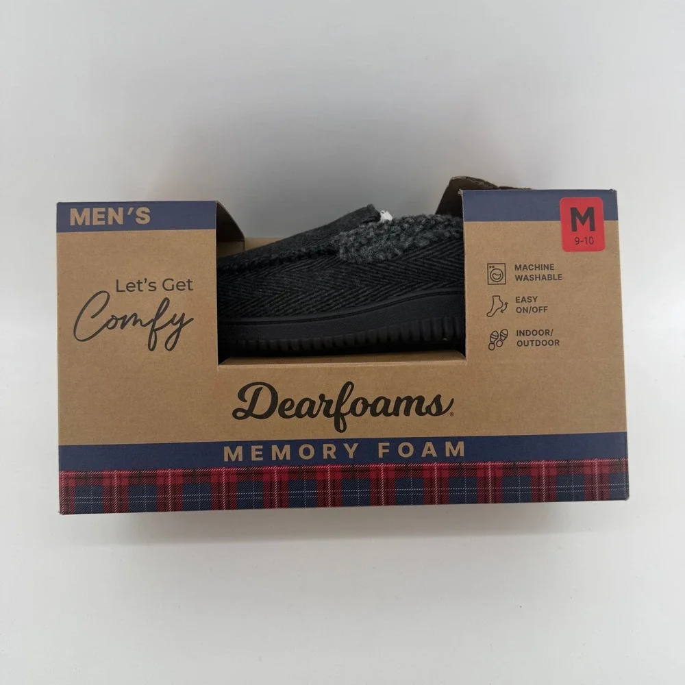 Dearfoams Mens Memory Foam Moccasin Slippers‎ Grey Herringbone Size M 9-10